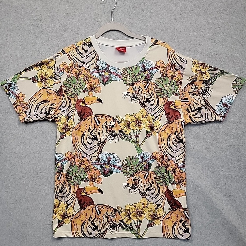 VICTORIOUS LA Mens Sz L T-Shirt Jungle Tiger Toucan Floral Graphic Short Sleeve